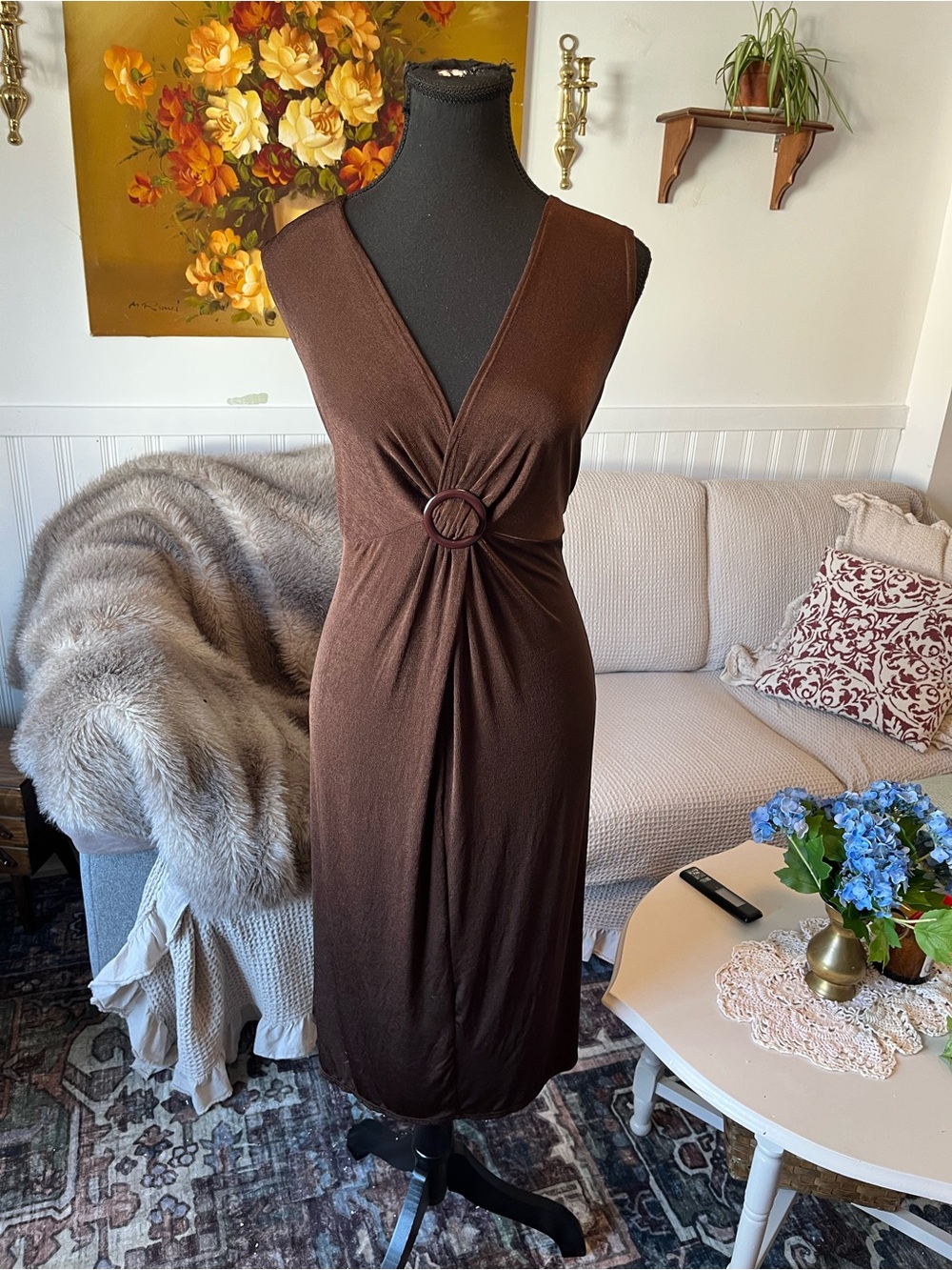 Women’s Y2K Brown Sleeveless V-Neck Ring-Detail Dress - Size Large